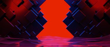 Teknolojinin fütürist siber punk gösterimi, oyun bilimkurgu sahne kaidesi arka planı, krom psikedelik floresan podyumun oyuncu pankartı.