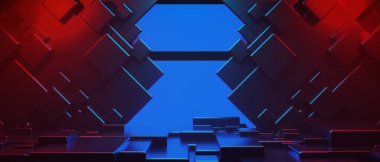 Teknolojinin fütürist siber punk gösterimi, oyun bilimkurgu sahne kaidesi arka planı, krom psikedelik floresan podyumun oyuncu pankartı.