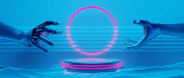 Manken el ele tutuşma teknolojisinin 3D çizimi fütürist siber punk görüntüsü, oyun bilimkurgu sahne arka planı