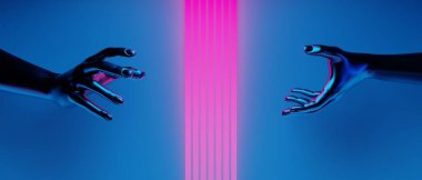 Manken el ele tutuşma teknolojisinin 3D çizimi fütürist siber punk görüntüsü, oyun bilimkurgu sahne arka planı