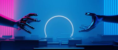 Manken el ele tutuşma teknolojisinin 3D çizimi fütürist siber punk görüntüsü, oyun bilimkurgu sahne arka planı