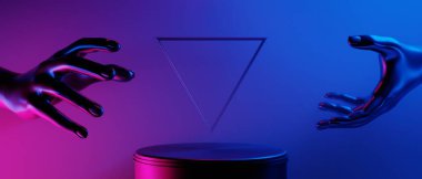 Manken el ele tutuşma teknolojisinin 3D çizimi fütürist siber punk görüntüsü, oyun bilimkurgu sahne arka planı