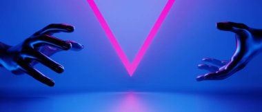 Manken el ele tutuşma teknolojisinin 3D çizimi fütürist siber punk görüntüsü, oyun bilimkurgu sahne arka planı