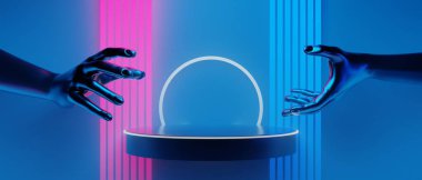 Manken el ele tutuşma teknolojisinin 3D çizimi fütürist siber punk görüntüsü, oyun bilimkurgu sahne arka planı