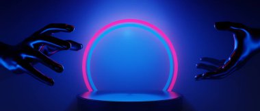 Manken el ele tutuşma teknolojisinin 3D çizimi fütürist siber punk görüntüsü, oyun bilimkurgu sahne arka planı