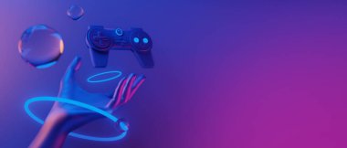 Manken el ele tutuşma teknolojisinin 3D çizimi fütürist siber punk görüntüsü, oyun bilimkurgu sahne arka planı