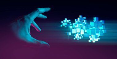 Siyah zemin üzerinde metaevren ağının hologramını tutan işadamı eli, İnternet sosyal çevrimiçi teknoloji, dijital kripto para