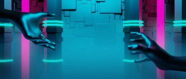 Teknolojinin fütüristik siber punk görüntüleme, oyun bilimkurgu sahne altyapısı