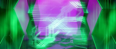 Teknolojinin fütürist siber punk gösterimi, oyun bilimkurgu sahne kaidesi arka planı, neon ışıklı stand ürün satışı için tabela işareti