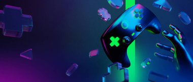 Oyun teknolojisi fütüristik siber punk ekranı için yüzen joystick düğmesi denetleyicisinin 3 boyutlu görüntülemesi, bilim kurgu sahne kaidesi arka planı