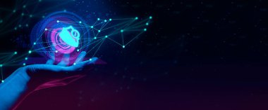 Siyah arka planda metaevren ağ bilimkurgu siber punk, İnternet sosyal çevrimiçi teknoloji, dijital güvenlik gizliliği holografiği