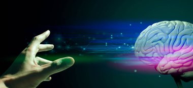 Doktor eli, insan beyninin sağlık hizmetleri tıbbi temalı hologramını tutuyor; bilim nöron hücre ağı için bir teknoloji.