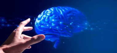 Doktor eli, insan beyninin sağlık hizmetleri tıbbi temalı hologramını tutuyor; bilim nöron hücre ağı için bir teknoloji.