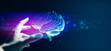 Doktor eli, insan beyninin sağlık hizmetleri tıbbi temalı hologramını tutuyor; bilim nöron hücre ağı için bir teknoloji.