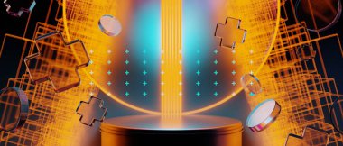 Oyuncu teknolojisinin fütüristik siber punk görüntüleme, oyun bilimkurgu sahne kaidesi arka planının 3D çizimi