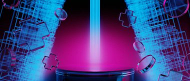 Oyuncu teknolojisinin fütüristik siber punk görüntüleme, oyun bilimkurgu sahne kaidesi arka planının 3D çizimi