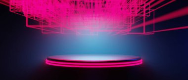 Oyuncu teknolojisinin fütürist siberpunk bilim kurgu podyumu, oyun bilimkurgu sahnesi soyut arka planının 3 boyutlu çizimi