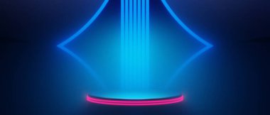 Oyuncu teknolojisinin fütürist siberpunk bilim kurgu podyumu, oyun bilimkurgu sahnesi soyut arka planının 3 boyutlu çizimi