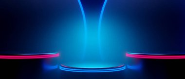 Oyuncu teknolojisinin fütürist siberpunk bilim kurgu podyumu, oyun bilimkurgu sahnesi soyut arka planının 3 boyutlu çizimi