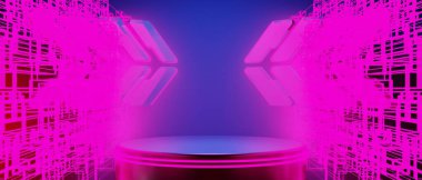 Oyuncu teknolojisinin fütürist siberpunk bilim kurgu podyumu, oyun bilimkurgu sahnesi soyut arka planının 3 boyutlu çizimi