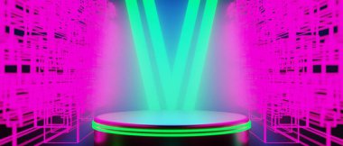 Oyuncu teknolojisinin fütürist siberpunk bilim kurgu podyumu, oyun bilimkurgu sahnesi soyut arka planının 3 boyutlu çizimi