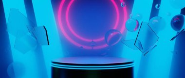 Oyuncu teknolojisinin fütürist siberpunk bilim kurgu podyumu, oyun bilimkurgu sahnesi soyut arka planının 3 boyutlu çizimi