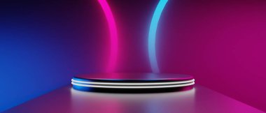 Oyuncu teknolojisinin fütürist siberpunk bilim kurgu podyumu, oyun bilimkurgu sahnesi soyut arka planının 3 boyutlu çizimi