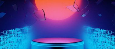 Oyuncu teknolojisinin fütürist siberpunk bilim kurgu podyumu, oyun bilimkurgu sahnesi soyut arka planının 3 boyutlu çizimi