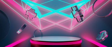 Oyuncu teknolojisinin fütürist siberpunk bilim kurgu podyumu, oyun bilimkurgu sahnesi soyut arka planının 3 boyutlu çizimi
