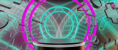 Y2k oyun teknolojisi fütüristik siberpunk bilim kurgu podyumunun 3D çizimi, bilim kurgu sahnesi soyut arka plan oyunu