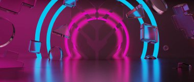 Y2k oyun teknolojisi fütüristik siberpunk bilim kurgu podyumunun 3D çizimi, bilim kurgu sahnesi soyut arka plan oyunu