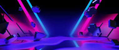 Y2k oyun teknolojisi fütüristik siberpunk bilim kurgu podyumunun 3D çizimi, bilim kurgu sahnesi soyut arka plan oyunu