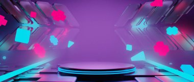 Y2k oyun teknolojisi fütüristik siberpunk bilim kurgu podyumunun 3D çizimi, bilim kurgu sahnesi soyut arka plan oyunu