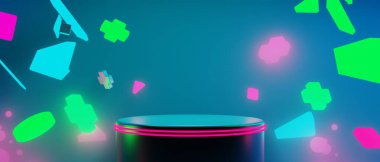 Y2k oyun teknolojisi fütüristik siberpunk bilim kurgu podyumunun 3D çizimi, bilim kurgu sahnesi soyut arka plan oyunu