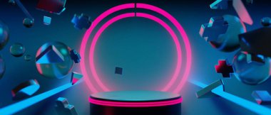 Y2k oyun teknolojisi fütüristik siberpunk bilim kurgu podyumunun 3D çizimi, bilim kurgu sahnesi soyut arka plan oyunu