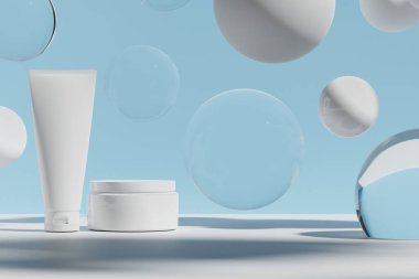 Kozmetik cilt bakımı güzellik kremi maketi, banyo içi, tıbbi sağlık tedavisi, makyaj malzemesi, bir şişe ambalaj tüpü.