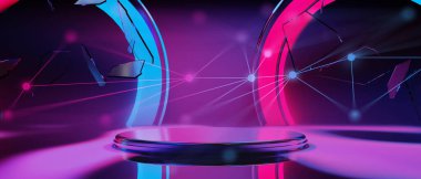 3D illüstrasyon y2k 2000 'lerin oyun teknolojisi fütürist siberpunk bilim kurgu podyumu, oyun sahnesi soyut arka plan