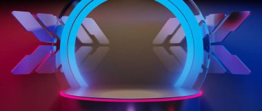 3D illüstrasyon y2k 2000 'lerin oyun teknolojisi fütürist siberpunk bilim kurgu podyumu, oyun sahnesi soyut arka plan