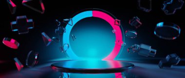 3D illüstrasyon y2k 2000 'lerin oyun teknolojisi fütürist siberpunk bilim kurgu podyumu, oyun sahnesi soyut arka plan