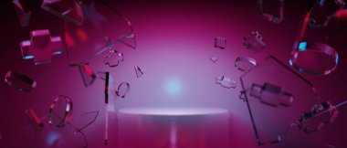 Y2K 2000 'lerin oyun teknolojisi fütüristik siberpunk bilim kurgu ekran podyumu, yüzen oyun kumandası joystick