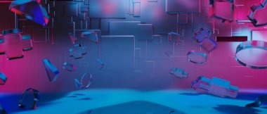 Y2K 2000 'lerin oyun teknolojisi fütüristik siberpunk bilim kurgu ekran podyumu, yüzen oyun kumandası joystick