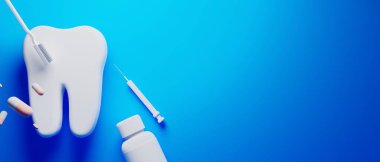 Diş hekimliği için diş hekimi muayenehanesi için tıbbi bakım araçlarıyla illüstrasyon sunulmasına 3D itiraz