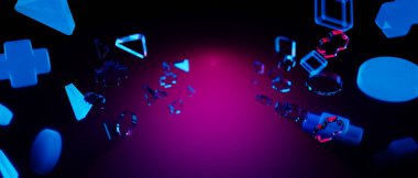 Y2K 2000 'lerin oyun teknolojisi fütüristik siberpunk bilim kurgu ekran podyumu, yüzen oyun kumandası joystick