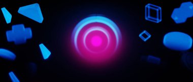 Y2K 2000 'lerin oyun teknolojisi fütüristik siberpunk bilim kurgu ekran podyumu, yüzen oyun kumandası joystick