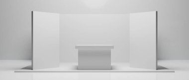 3d kabin kios illüstrasyon canlandırma, Sergi podyumu stand olay sahnesi bir ekran tasarımı, beyaz arka planda perakende ürün ticaret gösterisi