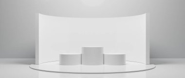 3d kabin kios illüstrasyon canlandırma, Sergi podyumu stand olay sahnesi bir ekran tasarımı, beyaz arka planda perakende ürün ticaret gösterisi