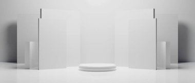 3d kabin kios illüstrasyon canlandırma, Sergi podyumu stand olay sahnesi bir ekran tasarımı, beyaz arka planda perakende ürün ticaret gösterisi