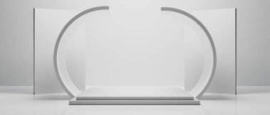 3d kabin kios illüstrasyon canlandırma, Sergi podyumu stand olay sahnesi bir ekran tasarımı, beyaz arka planda perakende ürün ticaret gösterisi