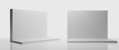 3d kabin kios illüstrasyon canlandırma, Sergi podyumu stand olay sahnesi bir ekran tasarımı, beyaz arka planda perakende ürün ticaret gösterisi
