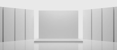 3d kabin kios illüstrasyon canlandırma, Sergi podyumu stand olay sahnesi bir ekran tasarımı, beyaz arka planda perakende ürün ticaret gösterisi